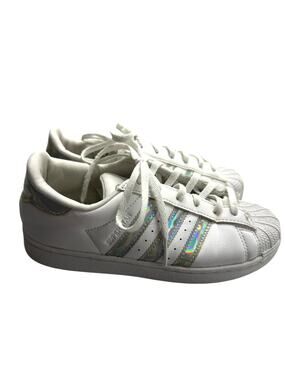 Adidas Superstar Kids Shoes White Leather Iridescent Stripes Size 2.5